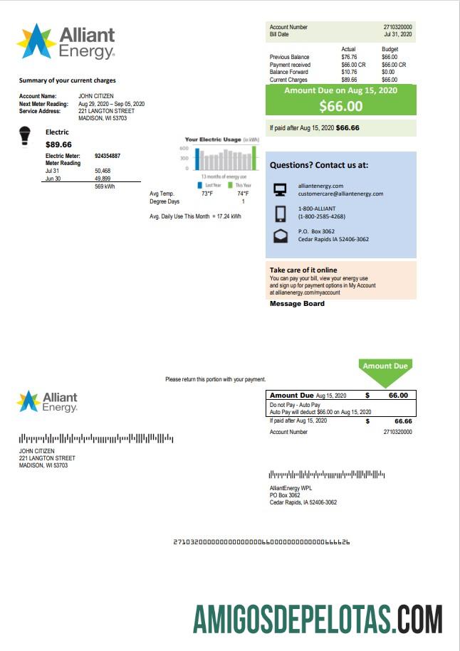 Para baixar modelo de conta de serviço público de eletricidade da USA Wisconsin Alliant Energy em formato Word e PDF